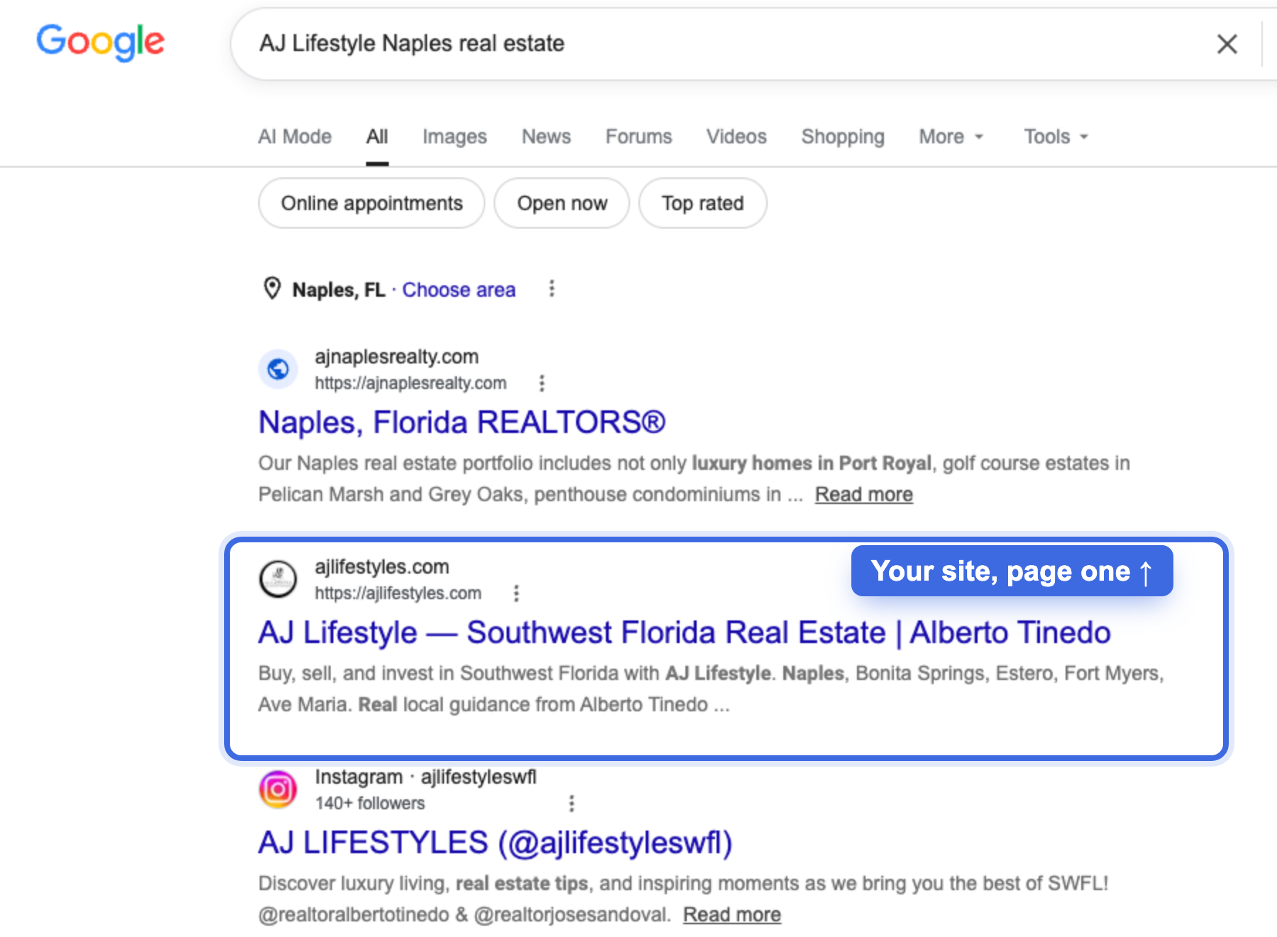 AJ Lifestyle ranking on page one of Google